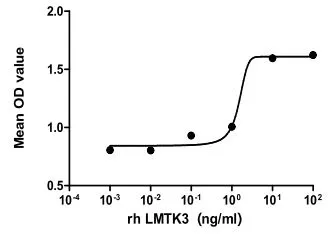 The dose effect curve of GTX00071-pro Human LMTK3 protein (active) on MCF-7 cells. After incubation of Human LMTK3 protein (active) for 72 hrs, cell proliferation was measured by Cell Counting Kit-8 (CCK-8).