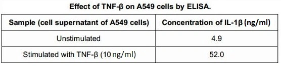 ELISA detection of secreted IL-1 beta expression from A549 cells stimulated by GTX00288-pro Mouse TNF alpha protein (active) at 10 ng/ml for 8hrs.