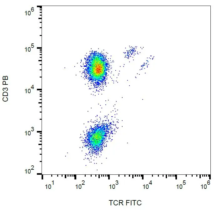 FACS analysis of human peripheral blood lymphocytes using GTX00507-06 TCR gamma + delta antibody [B1] (FITC).