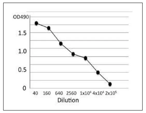 ELISA analysis of crude extract of B. cereus using GTX00866 Bacillus cereus phospholipase C antibody [bc-01]. Protein coating amount : 100microl (1 microg/ml) per well Antibody amount : 100microl at indicated dilution