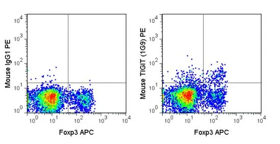 FACS analysis of mouse C57Bl/6 splenocytes using GTX01496-08 TIGIT antibody [1G9] (PE). Right panel : co-stained with TIGIT antibody [1G9] (PE) and Mouse CD4 antibody (FITC) Left panel : co-stained with isotype control and Mouse CD4 antibody (FITC) antibody amount : 0.25 microg (5 microl)