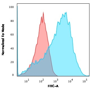 FACS analysis of HEK293 cells using GTX02687 NF-H antibody [NEFL.H/2324R]. Blue : Primary antibody Red : Isotype control