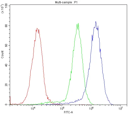 FACS analysis of U2OS cells using GTX03273 BMP5 antibody. Blue : Primary antibody Green : Isotype control Red : Unlabelled sample Antibody amount : 1microg/1x106 cells