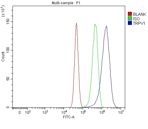 FACS analysis of U87 cells using GTX04108 VR1/ TRPV1 antibody. Blue : Primary antibody Green : Isotype control Red : Unlabelled sample Dilution : 1 microg/1x106 cells FACS analysis of U87 cells using GTX04108 VR1/ TRPV1 antibody. Blue : Primary antibody Green : Isotype control Red : Unlabelled sample Dilution : 1 microg/1x106 cells