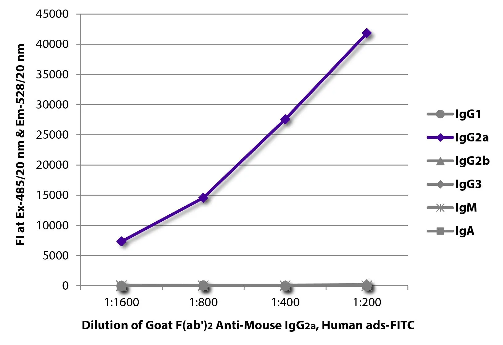 ELISA analysis of purified mouse immunoglobulins using serially diluted GTX04212-06 Goat Anti-Mouse IgG2a (Heavy chain) antibody, F(ab)2 fragment, pre-adsorbed (FITC). ELISA analysis of purified mouse immunoglobulins using serially diluted GTX04212-06 Goat Anti-Mouse IgG2a (Heavy chain) antibody, F(ab)2 fragment, pre-adsorbed (FITC).