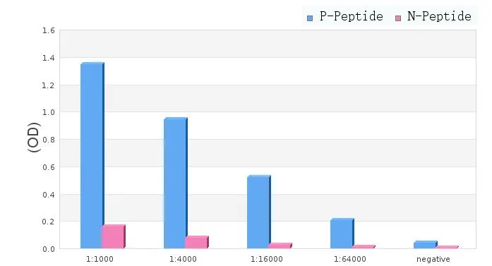 ELISA analysis of phospho- and non phosho- immunogen peptide using serial diluted GTX04329 DEPDC5 (phospho Thr1531) antibody. P-peptide : phospho-peptide N-peptide : non-phospho-peptide Peptides concentration : 1microg/ml ELISA analysis of phospho- and non phosho- immunogen peptide using serial diluted GTX04329 DEPDC5 (phospho Thr1531) antibody. P-peptide : phospho-peptide N-peptide : non-phospho-peptide Peptides concentration : 1microg/ml