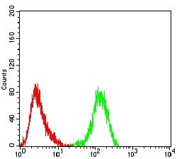 FACS analysis of HeLa cells using GTX04642 IL3 Receptor beta antibody [1D5E4]. Green : Primary antibody Red : Negative control