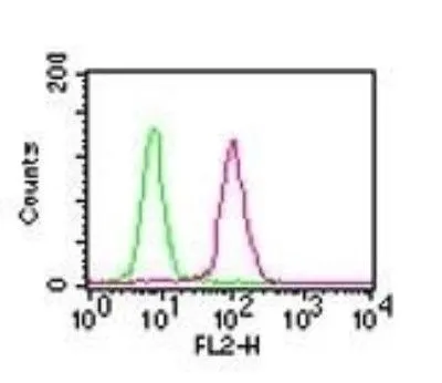 FACS (Intracellular staining) analysis of HEK293 cells using GTX13594 NFkB p65 antibody [112A1021]. Red : primary antibody Green : isotype control Antibody amount : 0.5microg