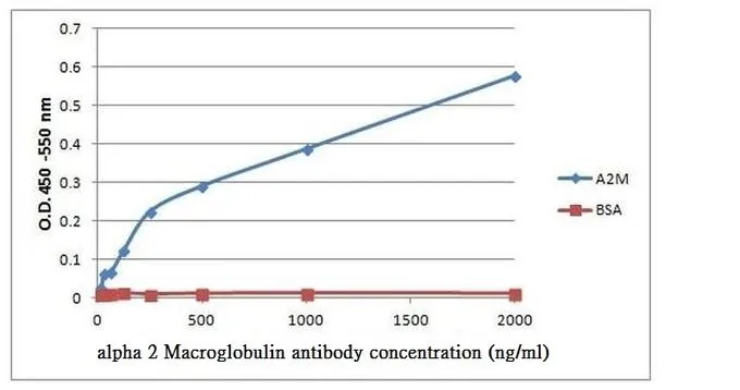 ELISA analysis of Alpha2-Macroglobulin recombinant protein diluted in carbonate/bicarbonate buffer (1 ug/ml,100ul/well) using GTX15643 alpha 2 Macroglobulin antibody [F1-P1C11 #3] at 0.03125 - 2 ug/mL (serial diluted).