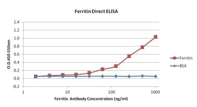 ELISA analysis of human Ferritin or BSA diluted in carbonate/bicarbonate buffer (1 ug/ml,100ul/well) using GTX15745 Ferritin antibody [513C10] at 2 - 1000 ug/mL (serial diluted).