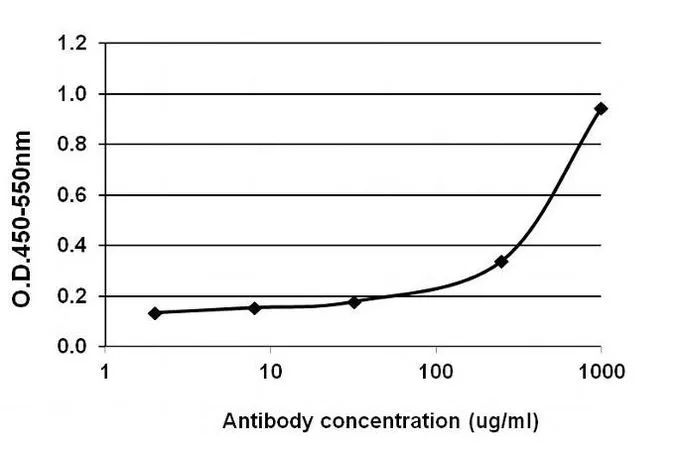 ELISA analysis of 1 microg/mL recombinant MMP2 protein diluted in carbonate/bicarbonate buffer using serial diluted GTX15772 MMP2 antibody [F14 P4 D3].