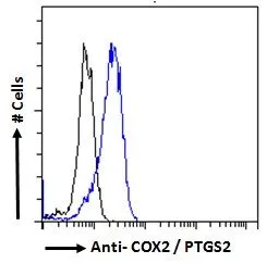 FACS analysis of PFA fixed HeLa cells using GTX15839 COX2 antibody, C-term. Blue : Primary antibody Black : Isotype control Permeabilization : 0.5% Triton Dilution : 10microg/ml