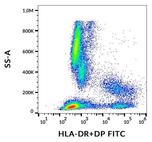 FACS analysis of human peripheral blood using GTX18232 HLA-DR + HLA-DP antibody [HL-38] (FITC).