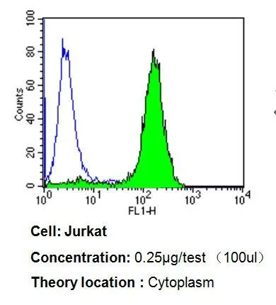 FACS analysis of Jurkat cells using GTX22814 p23 antibody [JJ3] compared to an isotype control (blue). Dilution : 0.25 ug/test for 60 min at room temperature Fixation : 2% paraformaldehyde