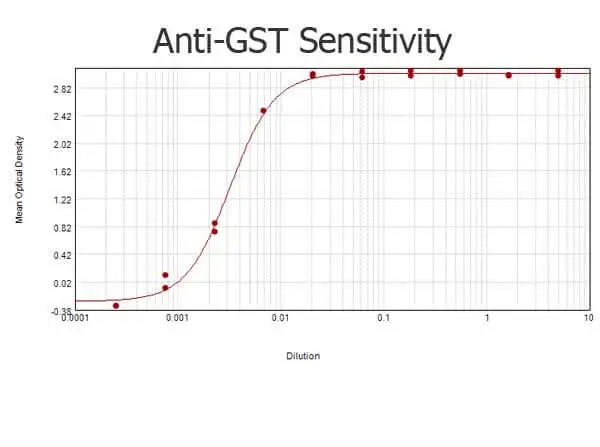 ELISA analysis of recombinant GST protein using serially diluted GTX26635 GST tag antibody (Biotin). Coating : 1 microg ELISA analysis of recombinant GST protein using serially diluted GTX26635 GST tag antibody (Biotin). Coating : 1 microg