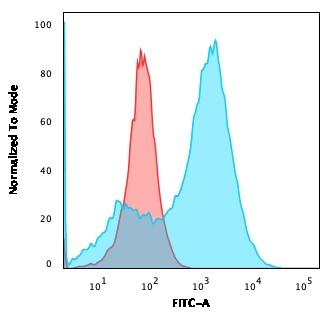 FACS analysis of A549 cells using GTX34999 S100A4 antibody [S100A4/1481]. Blue : Primary antibody Red : Isotype control