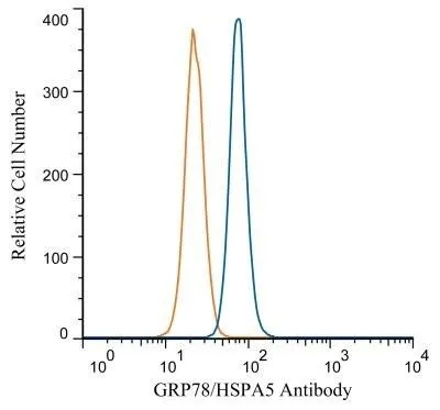 FACS (Intracellular staining) analysis of HeLa cells using GTX48633 Grp78 antibody. Blue : Primary antibody Orange : isotype control Fixation : 4% PFA Permibilization : 0.1% saponin FACS (Intracellular staining) analysis of HeLa cells using GTX48633 Grp78 antibody. Blue : Primary antibody Orange : isotype control Fixation : 4% PFA Permibilization : 0.1% saponin