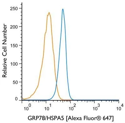 FACS (Intracellular staining) analysis of Jurkat cells using GTX48633 Grp78 antibody. Blue : Primary antibody Orange : isotype control Dilution : 2 microg/mL Fixation : 4% PFA Permibilization : 0.1% saponin