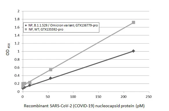 Sandwich ELISA detection of recombinant nucleocapsid protein(s) derived from different strains of SARS-CoV-2 virus (ie., Wild type; B.1.1.529 Omicron variant) using antibodies as below. Capture: SARS-CoV-2 (COVID-19) nucleocapsid antibody [HL5511] (GTX635689) (5 microg/mL) Detection: SARS-CoV-2 (COVID-19) nucleocapsid antibody [HL448] (HRP) (GTX635686-01) (1 microg/mL)
