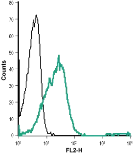 FACS analysis of Jurkat cells using GTX57738 EphA1 antibody. Black : Unstained cells Green : Cells with primary antibody Dilution : 1:20