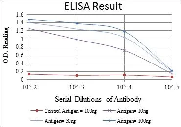 ELISA analysis of antigen using GTX60389 Glucocorticoid Receptor antibody [6E6]. Red : Control antigen 100ng Purple : Antigen 10ng Green : Antigen 50ng Blue : Antigen 100ng