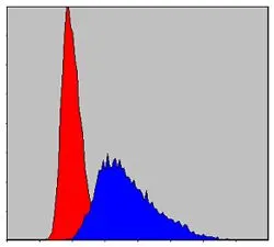 FACS analysis of Jurkat cells using GTX60475 ITK antibody [5G6]. Blue : ITK Red : negative control