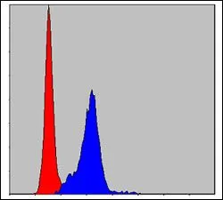 FACS analysis of HeLa cells using GTX60488 CRK antibody [3G11E8]. Blue : CRK Red : negative control