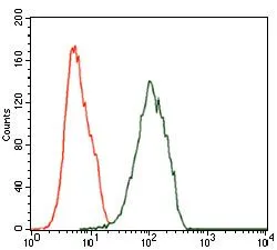 FACS analysis of Jurkat cells using GTX60645 ILK antibody [3A9]. Green : ILK Red : negative control