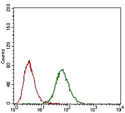 FACS analysis of NIH3T3 cells using GTX60747 FGF4 antibody [2D7D5]. Green : FGF4 Red : negative control