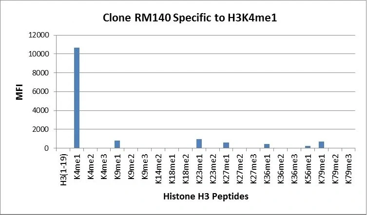 ELISA analysis of various methylated Histone H3 peptides using GTX60878 Histone H3K4me1 (Mono-methyl Lys4) antibody [RM140]. It specifically reacts to Histone H3 monomethylated at Lysine 4 (K4me1) and no cross reactivity with dimethylated Lysine 4 (K4me2), trimethylated Lysine 4 (K4me3), or other methylations in Histone H3.