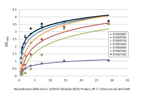 Indirect ELISA analysis was performed by coating the plate with recombinant SARS-CoV-2 (COVID-19) Spike (ECD) Protein, Omicron / BF.7 variant, His tag (GTX137880-pro) (28.78-0.45 nM). Coated protein was probed with the specified SARS-CoV-2 (COVID-19) Spike antibodies (1 μg/mL). Goat anti-rabbit IgG antibody (HRP) (GTX213110-01) (1:10000) or goat anti-mouse IgG antibody (HRP) (GTX213111-01) (1:10000) was used to detect the bound primary antibody.