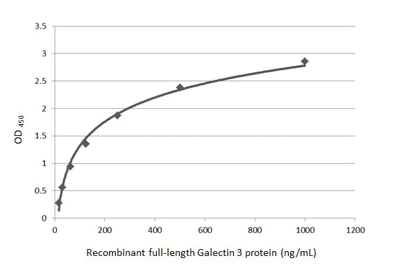 Sandwich ELISA detection of recombinant full-length Galectin 3 protein using GTX635152 as capture antibody at concentration of 5 μg/mL and GTX113486 as detection antibody at concentration of 1 μg/mL. Rabbit IgG antibody (HRP) (GTX213110-01) was diluted at 1:10000 and used to detect the primary antibody.