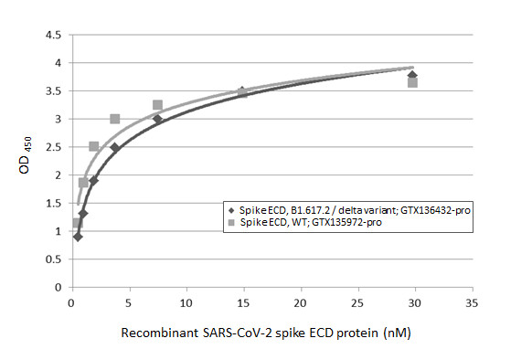 Indirect ELISA analysis performed by coating plate with recombinant Spike ECD protein(s) derived from different strains of SARS-CoV-2 virus (ie., Wild type; B1.617.2 delta variant) (29.71-0.46 nM). Coated protein was probed with SARS-CoV-2 (COVID-19) Spike RBD antibody [HL1003] (GTX635792) (1 μg/mL). Goat anti-rabbit IgG antibody (HRP) (GTX213110-01) (1:10000) was used to detect bound primary antibody.