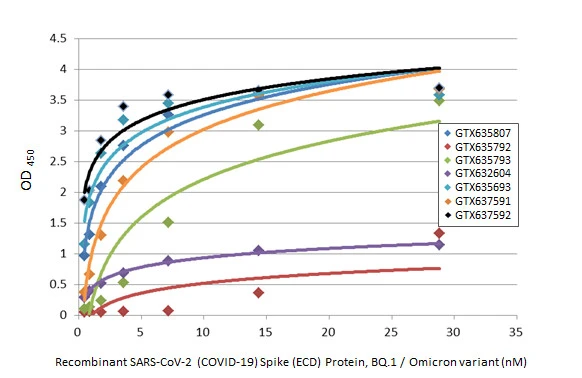 Indirect ELISA analysis was performed by coating the plate with recombinant SARS-CoV-2 (COVID-19) Spike (ECD) Protein, Omicron / BQ.1 variant, His tag (GTX137881-pro) (28.78-0.45 nM). Coated protein was probed with the specified SARS-CoV-2 (COVID-19) Spike antibodies (1 μg/mL). Goat anti-rabbit IgG antibody (HRP) (GTX213110-01) (1:10000) or goat anti-mouse IgG antibody (HRP) (GTX213111-01) (1:10000) was used to detect the bound primary antibody.