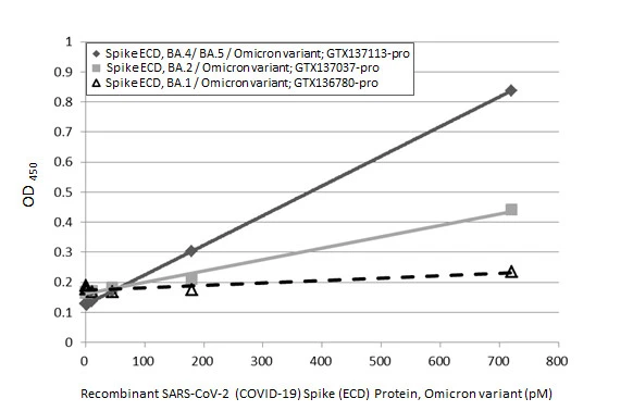 Sandwich ELISA detection of recombinant Spike ECD protein(s) derived from different strains of SARS-CoV-2 virus (ie., BA.1 Omicron variant; BA.2 Omicron variant; BA.4/BA.5 Omicron variant) using antibodies as below. Capture: SARS-CoV-2 (COVID-19) Spike RBD antibody [HL1014] (GTX635807) (5 μg/mL) Detection: SARS-CoV-2 (COVID-19) Spike RBD antibody [HL1004] (HRP) (GTX635793-01) (1 μg/mL)