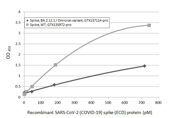Sandwich ELISA detection of recombinant Spike ECD protein(s) derived from different strains of SARS-CoV-2 virus (ie., Wild type; BA.2.12.1 Omicron variant) using antibodies as below. Capture: SARS-CoV-2 (COVID-19) Spike RBD antibody [HL1014] (GTX635807) (5 μg/mL) Detection: SARS-CoV-2 (COVID-19) Spike RBD antibody [HL1003] (HRP) (GTX635792-01) (1 μg/mL)