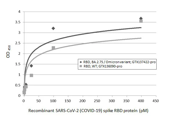 Sandwich ELISA detection of recombinant Spike RBD Protein(s) derived from different strains of SARS-CoV-2 virus (ie., Wild type; BA.2.75 Omicron variant) using antibodies as below. Capture: SARS-CoV-2 (COVID-19) Spike RBD antibody [HL1014] (GTX635807) (5 μg/mL) Detection: SARS-CoV-2 (COVID-19) Spike RBD antibody [HL1003] (HRP) (GTX635792-01) (1 μg/mL)