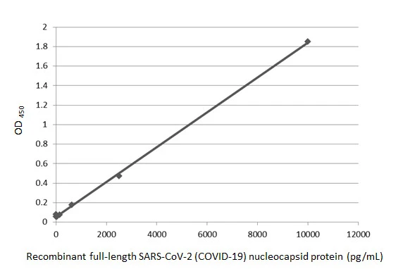 Sandwich ELISA detection of recombinant full-length SARS-CoV-2 (COVID-19) nucleocapsid protein, His tag protein (GTX135592-pro) using SARS-CoV-2 (COVID-19) nucleocapsid antibody [GT113] (GTX635808) as capture antibody at concentration of 5 μg/mL and HRP-conjugated SARS-CoV-2 (COVID-19) nucleocapsid antibody [HL5511] (GTX635689) as detection antibody at concentration of 1 μg/mL. Sensitivity : 39.06 pg/mL