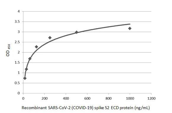 Sandwich ELISA detection of recombinant SARS-CoV-2 (COVID-19) Spike S2 (ECD) protein, human IgG Fc tag (GTX01559-pro) using SARS-CoV-2 (COVID-19) Spike S2 antibody [GT745] (GTX636037) as capture antibody at concentration of 5 μg/mL and SARS-CoV-2 (COVID-19) Spike S2 antibody [HL1038] (GTX635910) as detection antibody at concentration of 1 μg/mL. Rabbit IgG antibody (HRP) (GTX213110-01) was diluted at 1:10000 and used to detect the primary antibody.