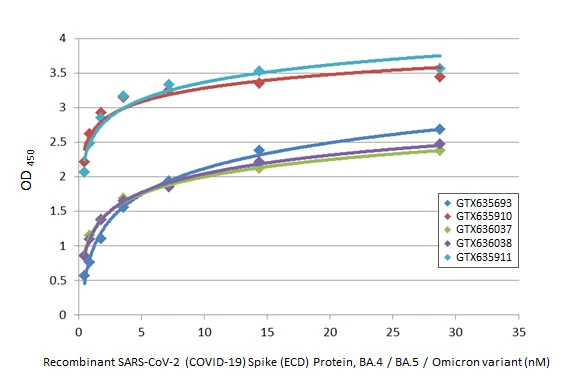 Indirect ELISA analysis was performed by coating the plate with recombinant SARS-CoV-2 (COVID-19) Spike (ECD) Protein, Omicron / BA.4 / BA.5 variant, His tag (GTX137113-pro) (28.78-0.45 nM). Coated protein was probed with the specified SARS-CoV-2 (COVID-19) Spike S2 antibodies (1 μg/mL). Goat anti-rabbit IgG antibody (HRP) (GTX213110-01) (1:10000) or goat anti-mouse IgG antibody (HRP) (GTX213111-01) (1:10000) were used to detect the bound primary antibodies.