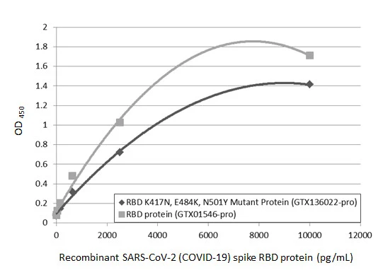 Sandwich ELISA detection of recombinant SARS-CoV-2 (COVID-19) Spike RBD (K417N, E484K, N501Y Mutant) protein, His tag (active) (GTX136022-pro) and SARS-CoV-2 (COVID-19) Spike RBD protein, His tag (active) (GTX01546-pro) using SARS-CoV-2 (COVID-19) Spike RBD antibody [HL1014] (GTX635807) as capture antibody at concentration of 5 microg/mL and SARS-CoV-2 (COVID-19) Spike RBD antibody [GT5449] (GTX636042) as detection antibody at concentration of 1 microg/mL. Mouse IgG antibody (HRP) (GTX213111-01) was diluted at 1:10000 and used to detect the primary antibody.