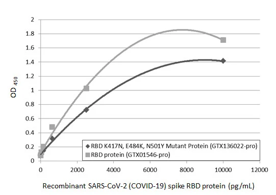 Sandwich ELISA detection of recombinant SARS-CoV-2 (COVID-19) Spike RBD (K417N, E484K, N501Y Mutant) protein, His tag (active) (GTX136022-pro) and SARS-CoV-2 (COVID-19) Spike RBD protein, His tag (active) (GTX01546-pro) using SARS-CoV-2 (COVID-19) Spike RBD antibody [HL1014] (GTX635807) as capture antibody at concentration of 5 μg/mL and SARS-CoV-2 (COVID-19) Spike RBD antibody [GT5449] (GTX636042) as detection antibody at concentration of 1 μg/mL. Mouse IgG antibody (HRP) (GTX213111-01) was diluted at 1:10000 and used to detect the primary antibody.