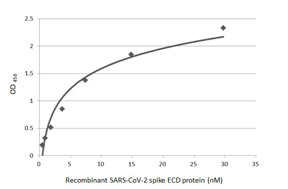 Sandwich ELISA detection of recombinant SARS-CoV-2 (COVID-19) Spike (ECD) protein, His tag (active) (GTX135972-pro) using antibodies as below. Capture: SARS-CoV-2 (COVID-19) Spike RBD antibody [GT5449] (GTX636042) (5 μg/mL) Detection: SARS-CoV-2 (COVID-19) Spike S2 antibody [HL237] (GTX635693) (1 μg/mL)