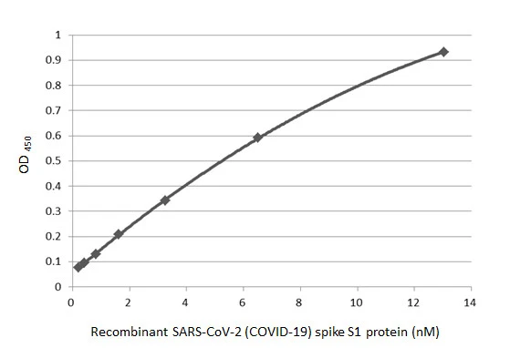 Sandwich ELISA detection of recombinant SARS-CoV-2 (COVID-19) Spike S1 protein, His tag (active) (GTX135817-pro) using antibodies as below. Capture: SARS-CoV-2 (COVID-19) Spike RBD antibody [GT5449] (GTX636042) (5 μg/mL) Detection: SARS-CoV-2 (COVID-19) Spike S1 antibody [HL6] (GTX635654) (1 μg/mL)