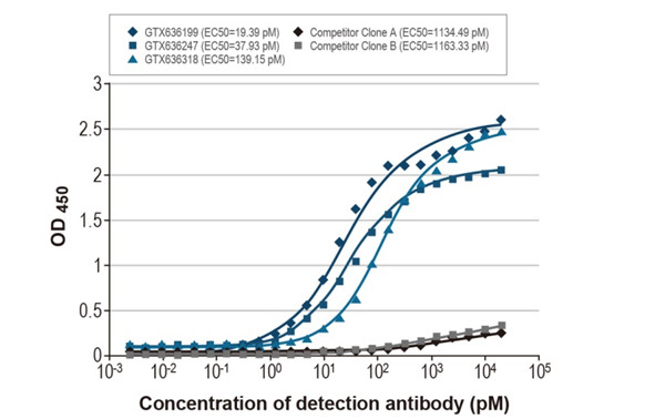 Indirect ELISA analysis was performed by coating a plate with recombinant influenza A virus nucleoprotein protein (A/Kansas/2017 (H3N2)), DDDDK Tag (GTX135903-pro) (50 ng), and probing with the specified influenza A virus nucleoprotein antibodies at the indicated concentrations. Goat anti-rabbit IgG antibody (HRP) (GTX213110-01) (1:10000) or goat anti-mouse IgG antibody (HRP) (GTX213111-01) (1:10000) were used to detect the bound primary antibodies.