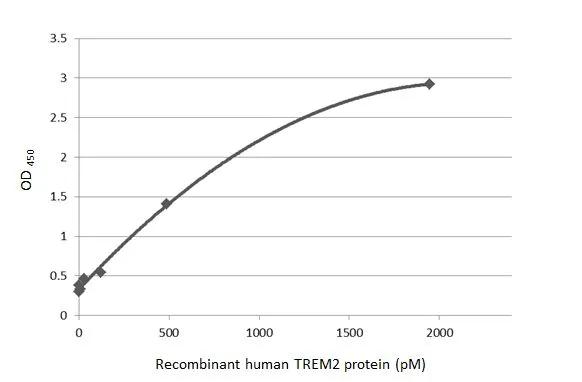 Sandwich ELISA detection of recombinant E.coli expressed, full-length human TREM2 protein using antibodies as below. Capture: TREM2 antibody [HL1739] (GTX637387) (5 μg/mL) Detection: HRP-conjugated TREM2 antibody [HL1738] (GTX637386) (1 μg/mL) Please notice that GTX637386 needs to be conjugated to HRP to function as the detection antibody when paired with GTX637387. Please contact us for custom HRP-conjugated antibody.
