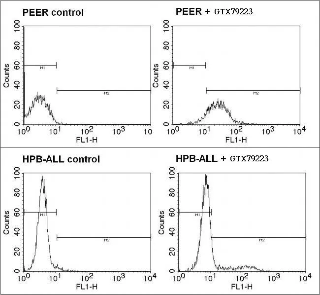 FACS analysis of positive PEER cells (top panel) or negative control HPB-ALL cells (bottom panel) using GTX79223 TCR V delta 1 antibody [TS8.2] (FITC). Dilution : 5ul of primary antibody were used per test