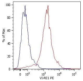 Intracellular flow cytometry analysis of Vimentin expression in LEP-19 human fibroblast cell line using anti-human Vimentin (VI-RE/1) PE.Overlay with Isotype mouse IgG1 control (PPV-06).