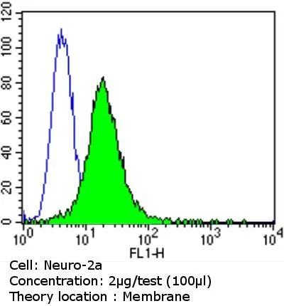 FACS analysis of Neuro-2a cells using GTX80682 PSD95 antibody [7E3-1B8] compared to an isotype control (blue). Dilution : 2 ug/test for 60 min at room temperature Fixation : 2% paraformaldehyde