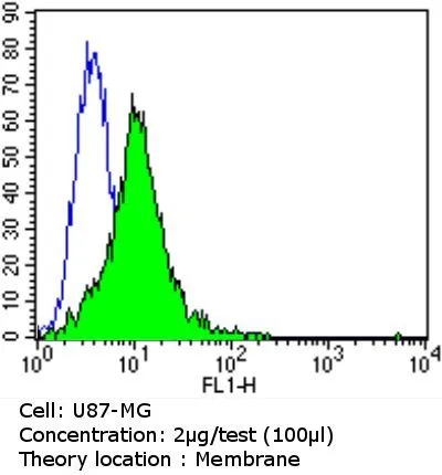 FACS analysis of U87-MG cells using GTX80682 PSD95 antibody [7E3-1B8] compared to an isotype control (blue). Dilution : 2 ug/test for 60 min at room temperature Fixation : 2% paraformaldehyde